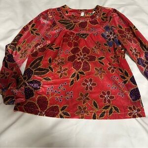 Farm Rio x Anthropologie Vibrant Red Top long sleeve floral design